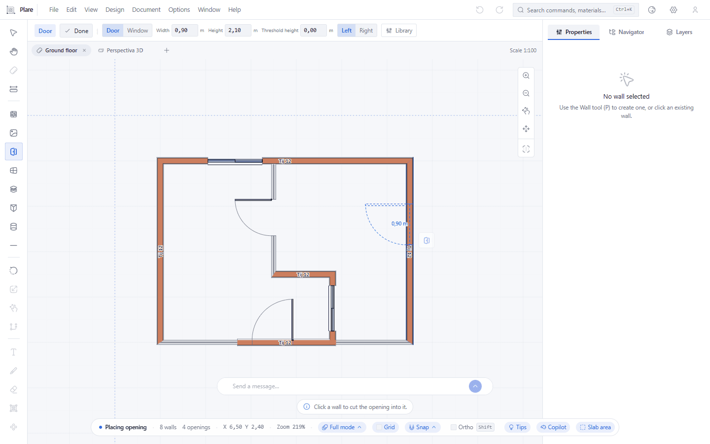 The span appears under the cursor, on the wall. The bar starts showing the Door/Window choice, the width, the height, the threshold and the hinge side — Left or Right. Whatever is written there is what the door is born with.