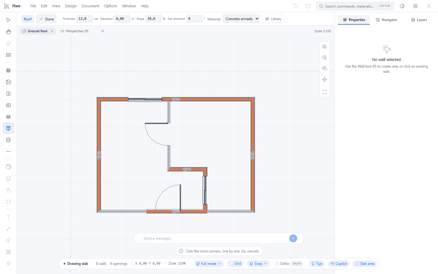 The bar starts showing the Pitch (%) and the Fall direction — the two fields a slab does not have. These decide how the roof is born sloped.