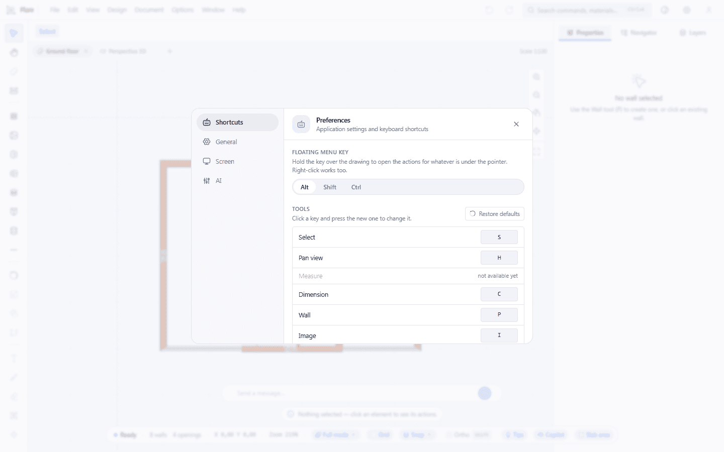 The Preferences dialog open on Shortcuts, with the four tabs to navigate on the left, the chooser for the key that makes the floating menu follow the cursor (Alt, Shift, Ctrl) and the table of tools with its key field beside each one. The tools that do nothing yet are in the list without a field — the key is what is missing, not a hidden one.