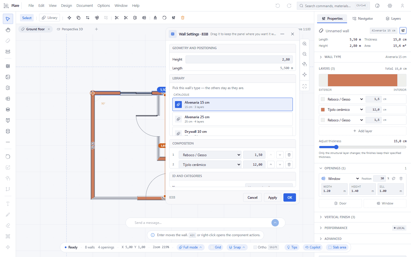 One wall's settings window, floating over the drawing area, with its geometry and placement, its layer library, its composition and its identification, and Cancel, Apply and OK in the footer. It is a work window: it stays open while you draw.
