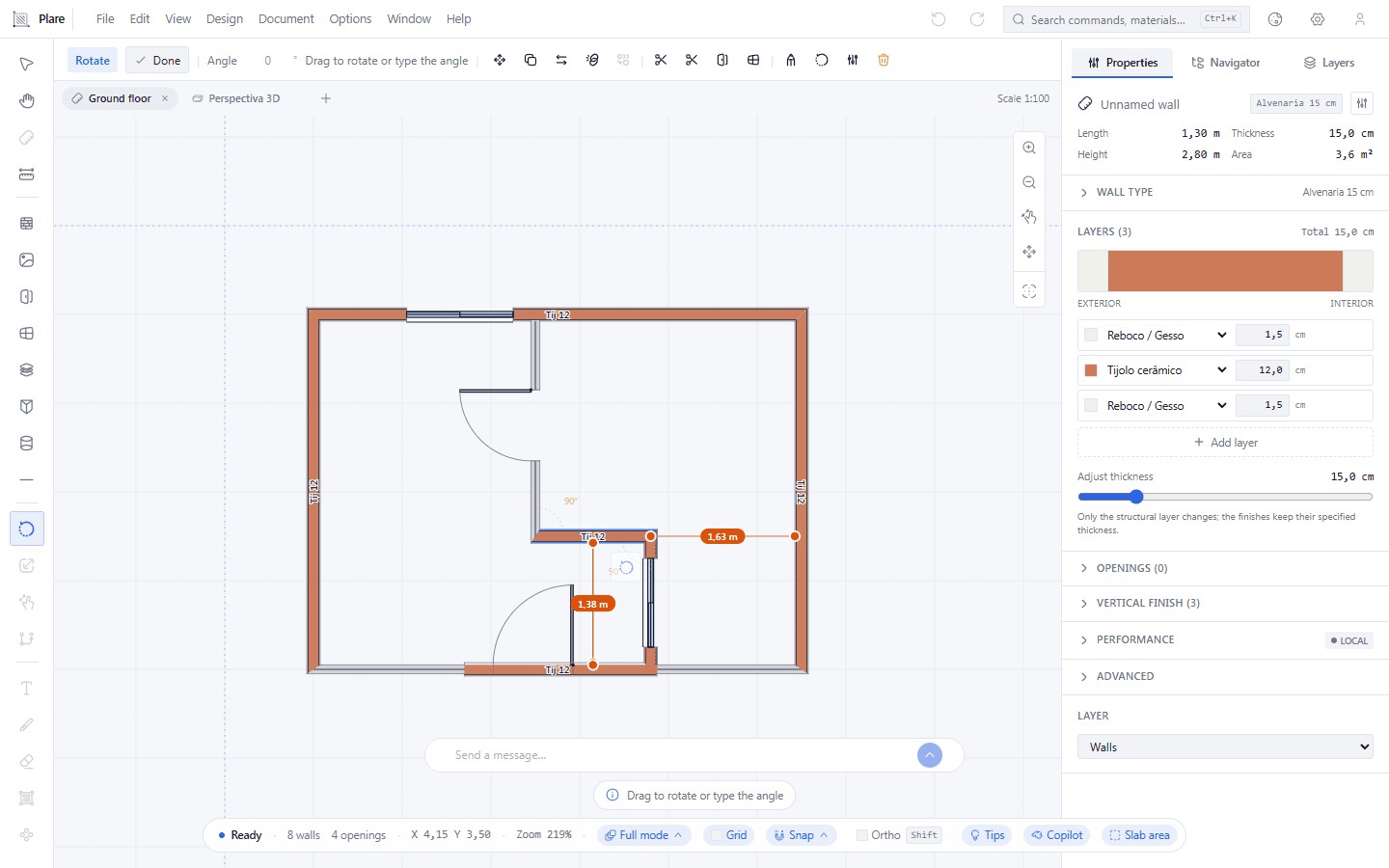 With Rotate active the partition is picked, and the bar carries the Angle field with the prompt to drag. The turn happens about the centre of the selection, not the click.