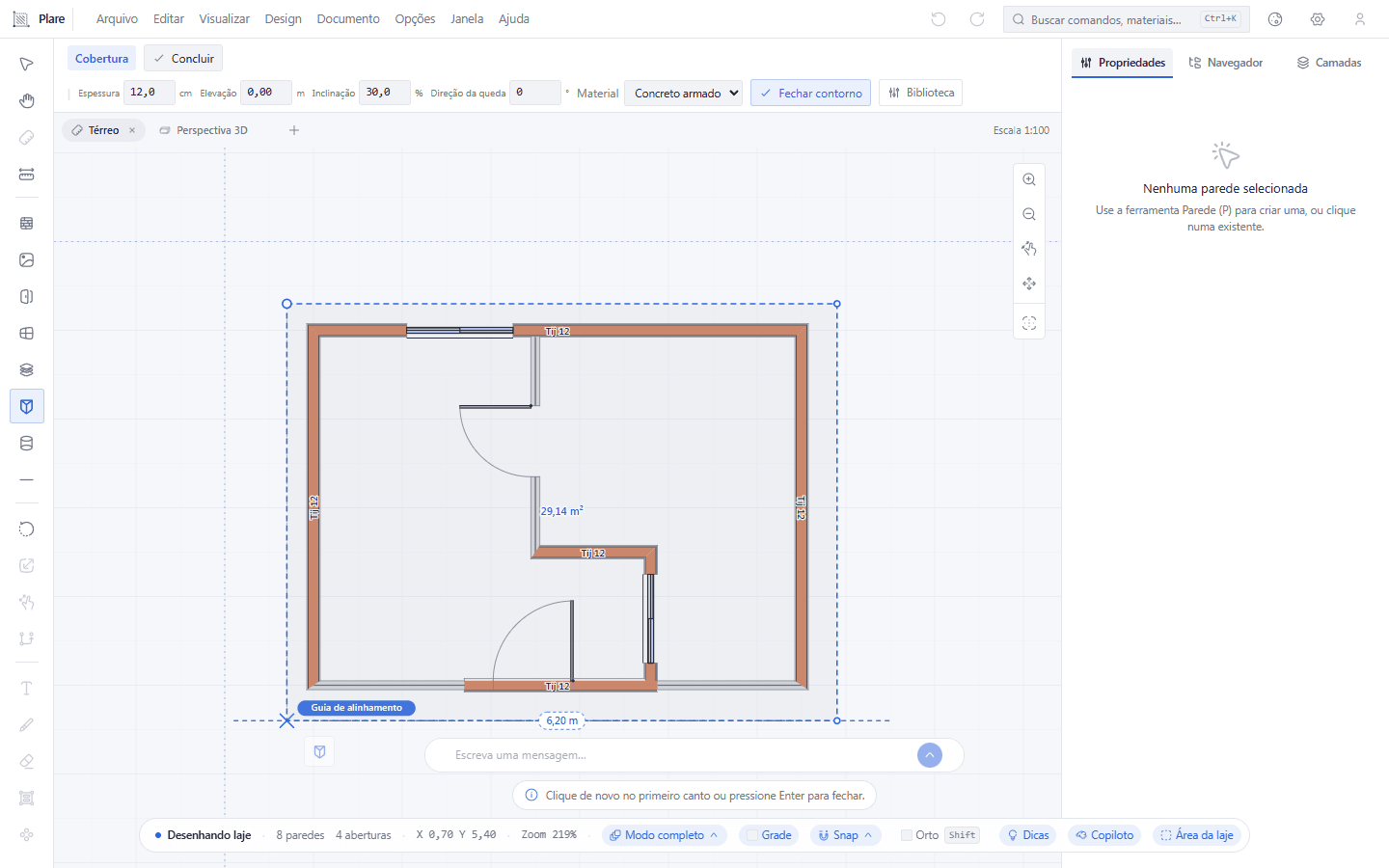 Um contorno tracejado envolve a casa toda e o último ponto segue o cursor em cinta, à espera do clique que o fixa.