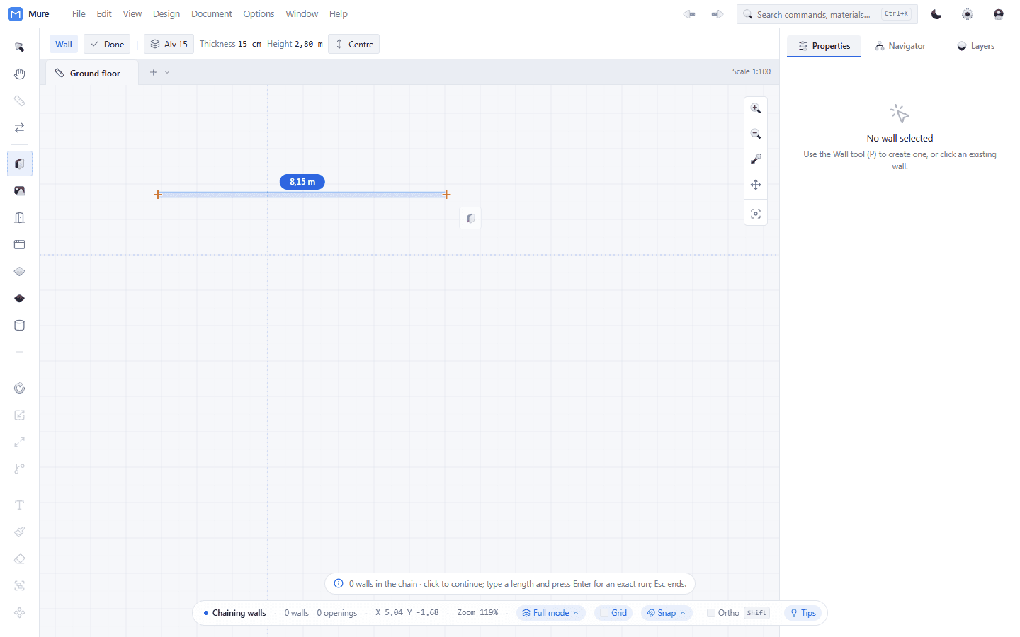 After the first click the wall follows the cursor, and the measurement appears on its own — no need to click to see it.