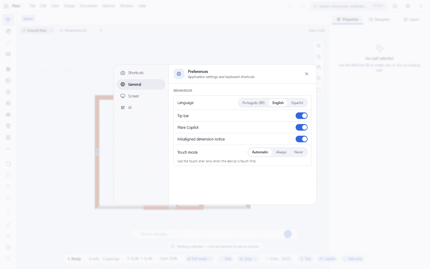 The General tab: the application's language, the tip bar, the switch that turns the Copilot off completely, the misaligned dimension notice, the status bar counts and the touch mode. Every field saves the instant it changes — there is no Apply and no OK in this window.