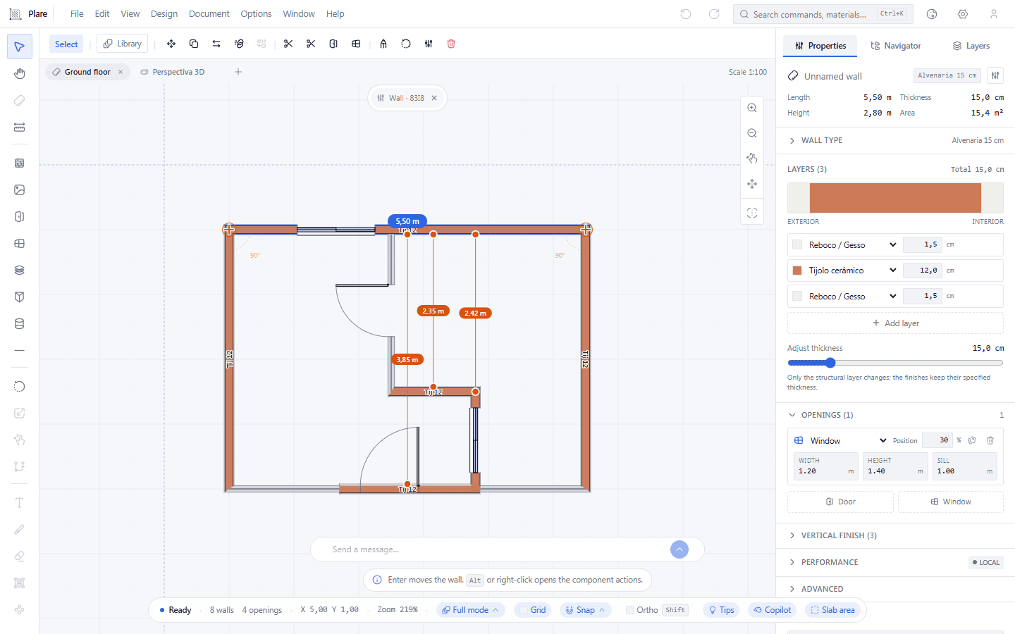 The window has become a small chip at the top of the drawing area, and the plan is visible again with its dimensions. This is how you compare an object against the drawing without losing what you have already typed in the window.