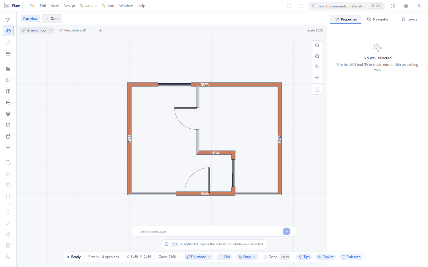 Done — or Esc — hands it back to Select, with the view exactly where you left it. The wheel zooms around the pointer, and works the same whatever tool is in hand.
