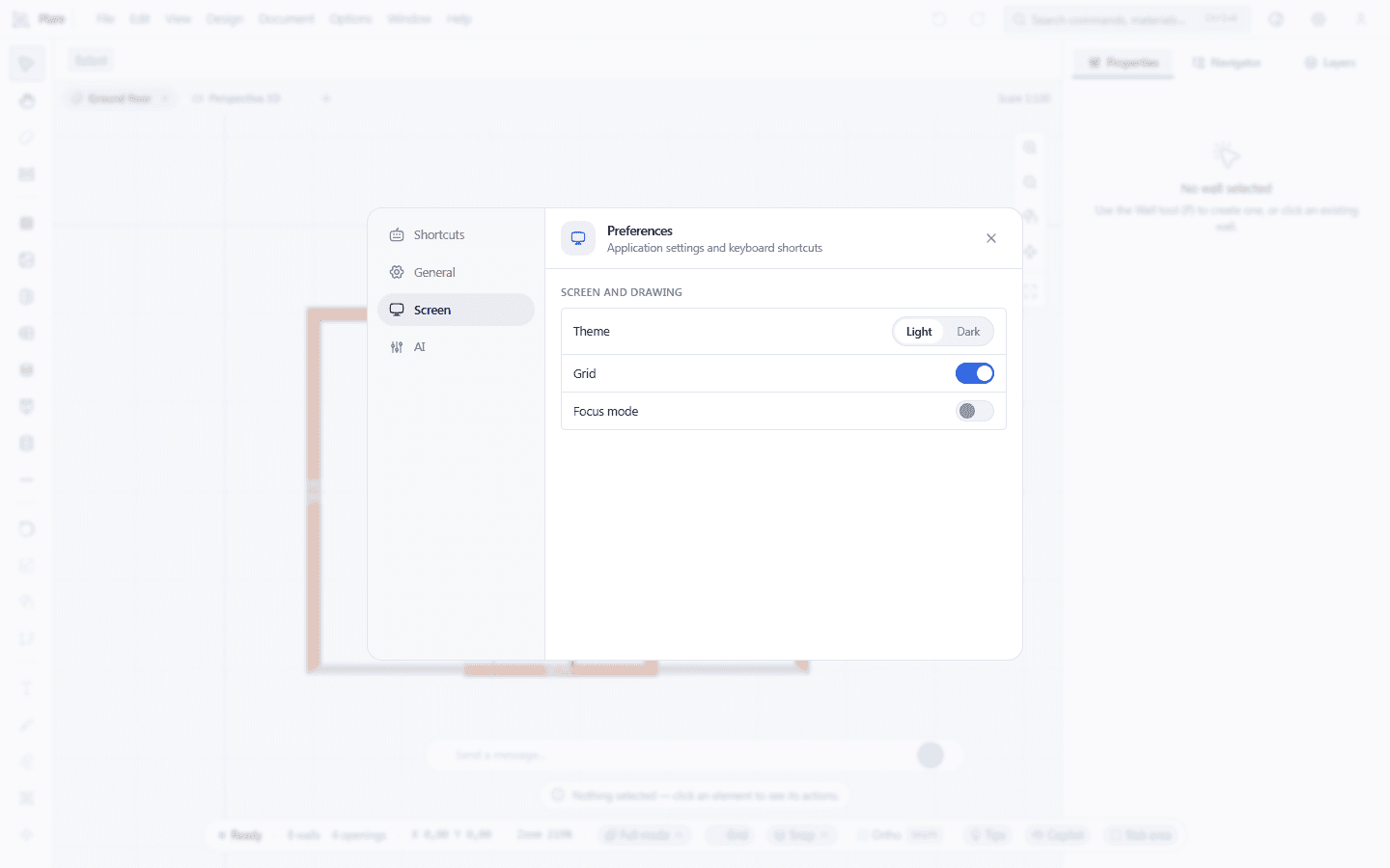 The Screen tab: the theme, the grid, the slab area and room area labels, and the focus mode that hides the panels so you draw in full screen. It is the same Ctrl+Shift+F the interface guide mentions, and that guide's last capture shows the result.