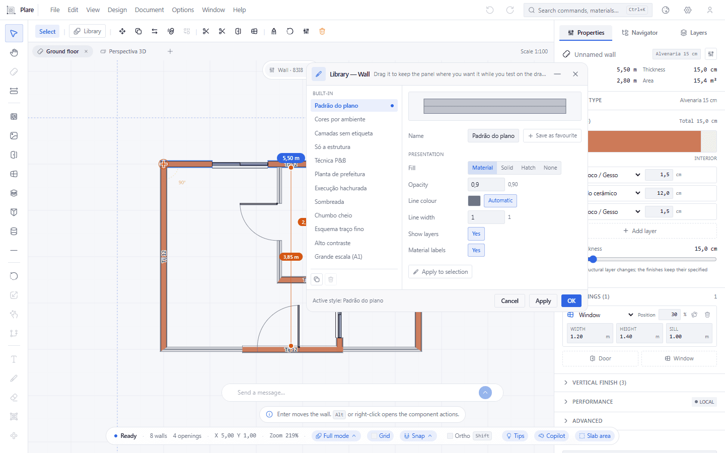 The wall style library: the list of types down the left, and on the right the presentation controls — fill and its opacity, line colour and line thickness, showing the layers and the material labels, with applying to the selection at the end. Choosing a style applies right away.