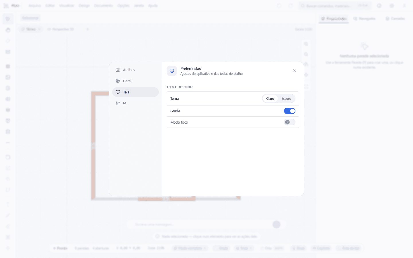 A aba Tela: o tema, a grade, as etiquetas de área da laje e de metragem, e o modo de foco que esconde os painéis para desenhar em tela cheia. É o mesmo Ctrl+Shift+F de que a ficha da interface fala, e é ela que mostra o resultado.
