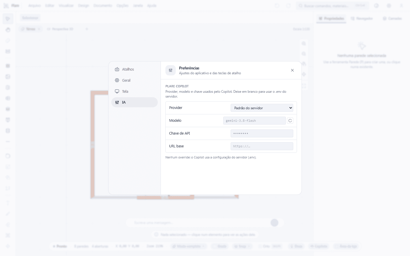 A aba IA com o provedor em “Padrão do servidor” e Modelo, Chave de API e URL base deixados em branco — são exceções por cima do padrão, e nenhuma foi posta. A nota por baixo diz o que isso quer dizer: sem exceção sua, o Copilot usa a configuração do .env do servidor.