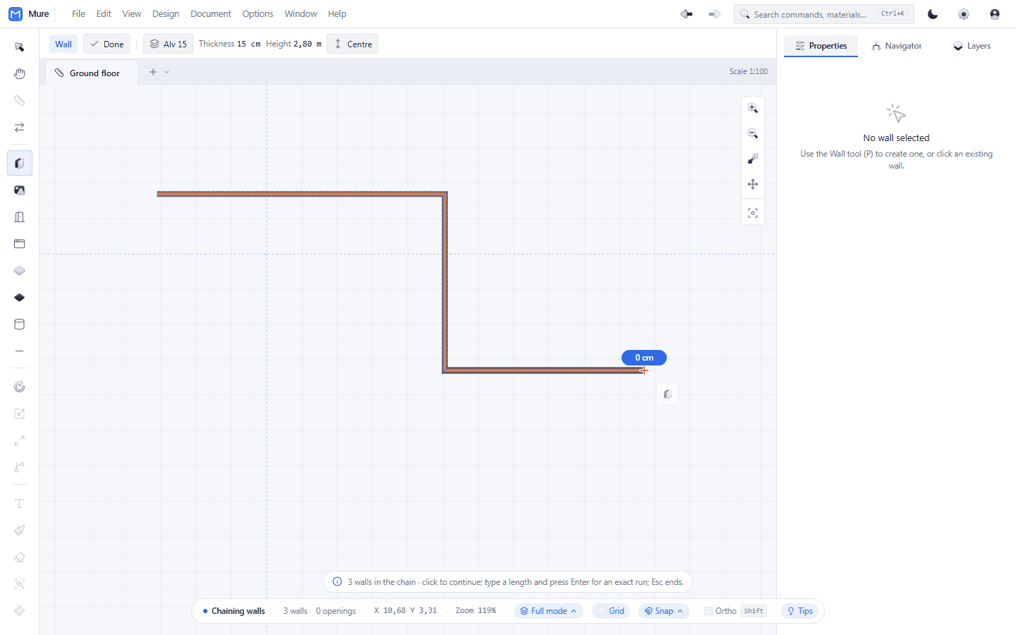 Three walls in a row, with a single tool. This chaining is what makes the tool feel like it will not let go — it is not stuck, it is waiting for the next point.