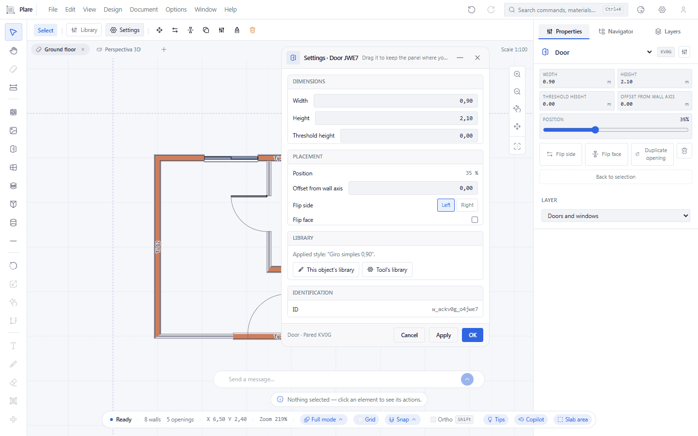 The Settings button lives in the selection bar, and that bar only exists with Select active: with the tool armed the bar shows the measurements of the next door, not the buttons of the chosen element. The window it opens carries the side and the flip.