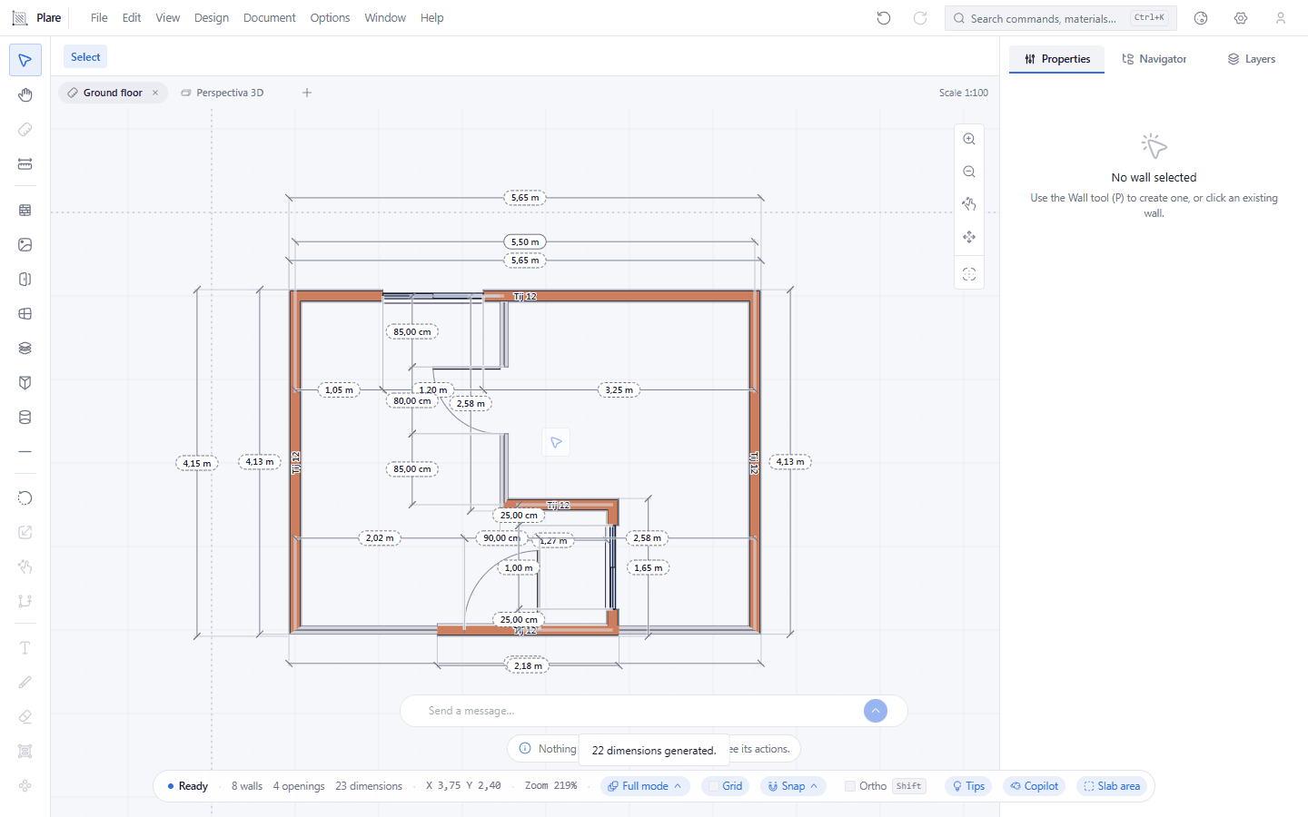 The bar now shows the reference, the targets to dimension and the Generate button. One click lays the dimensions for the whole project at once. Anything you placed by hand is untouched.