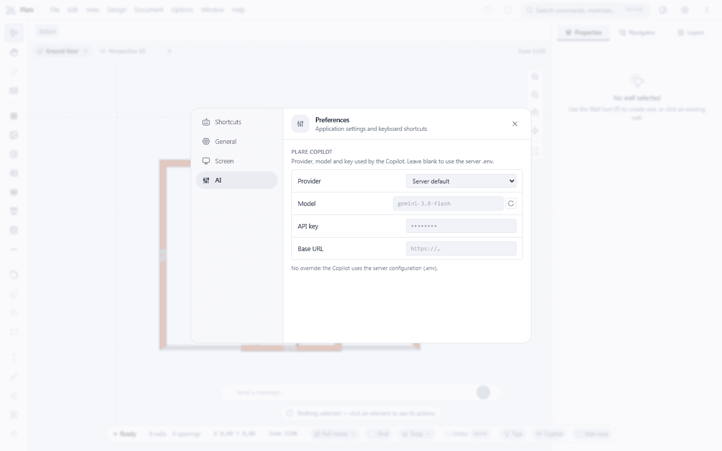 The AI tab with the Provider on the server default, and Model, API key and the base address left empty — they are overrides on top of the default, and none is set. The note underneath says what that means: without an override of your own, the Copilot uses the configuration in the server's .env file.