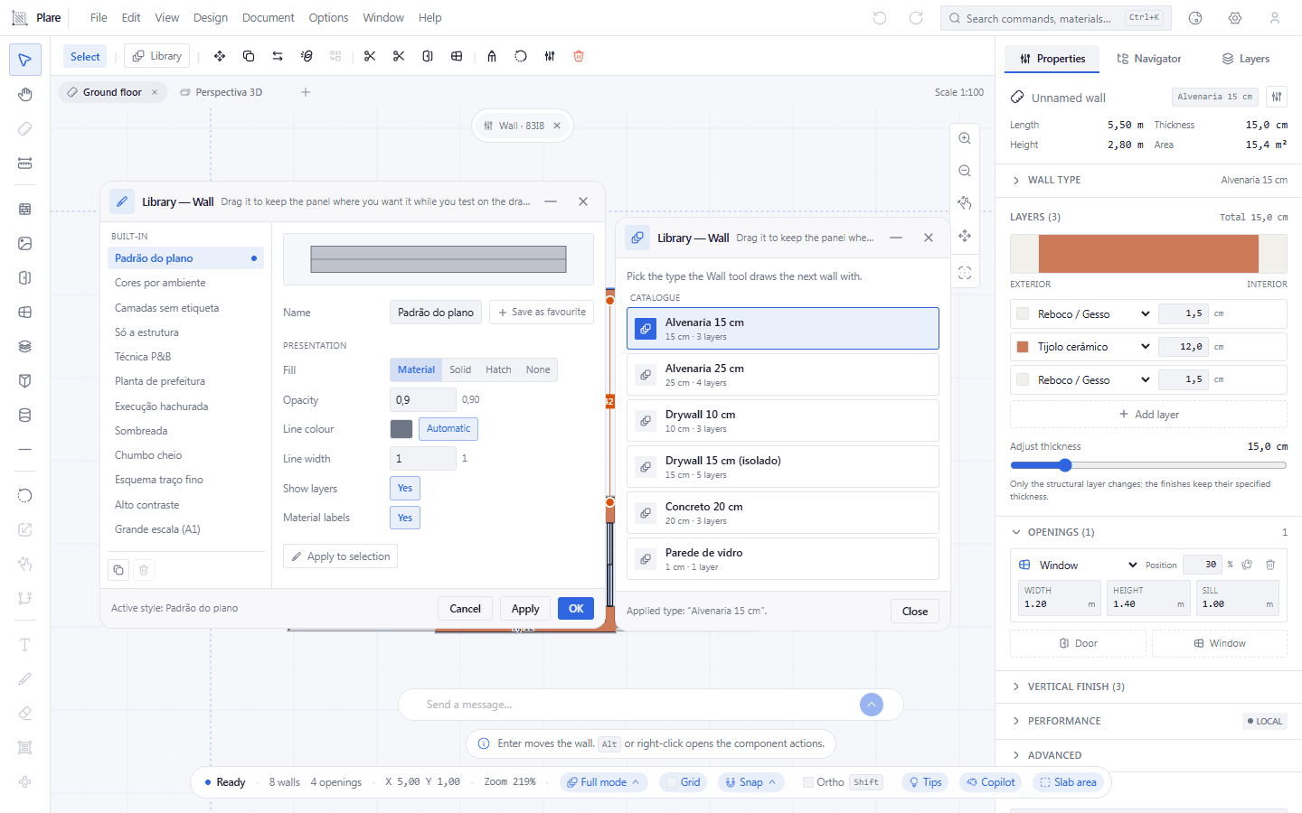 The style panel and the wall types library side by side, with the minimised wall still a chip at the top. Reopening does not duplicate, a click brings a window to the front, and Esc closes none of them — they are work tools, not confirmation dialogs.