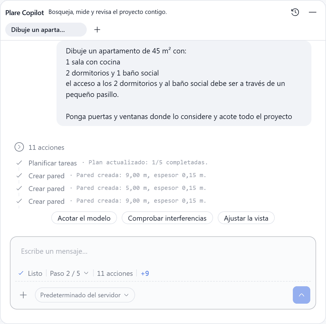La barra del Copilot abierta sobre la planta acotada de una sala, con el saludo y las sugerencias de dibujo.