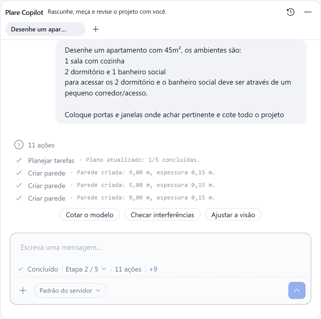 Doca do Copilot aberta sobre a planta de uma sala cotada, com a saudação e as sugestões de desenho.