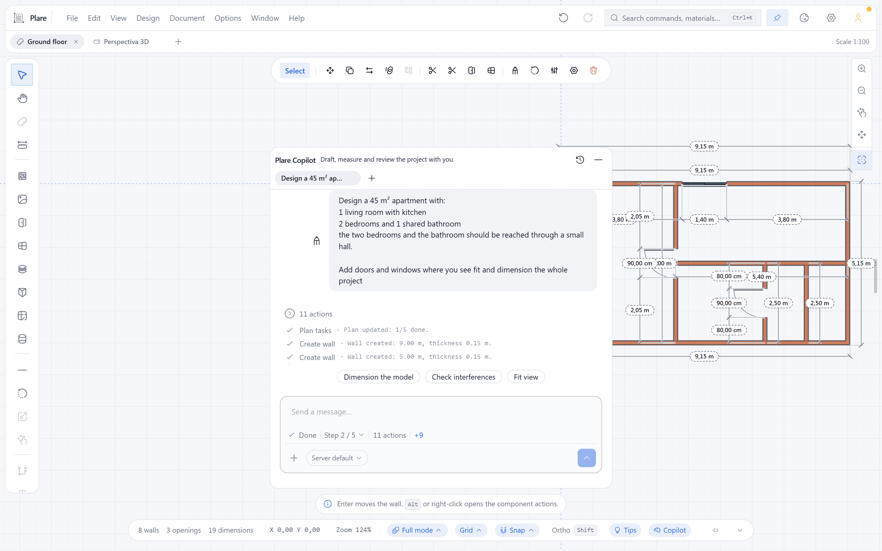 The Plare window with the Copilot open, drawing a 45 m² apartment: the request on the left, the list of the ten actions it ran — plan tasks, create wall after wall — and the plan taking shape on the right with its dimensions.