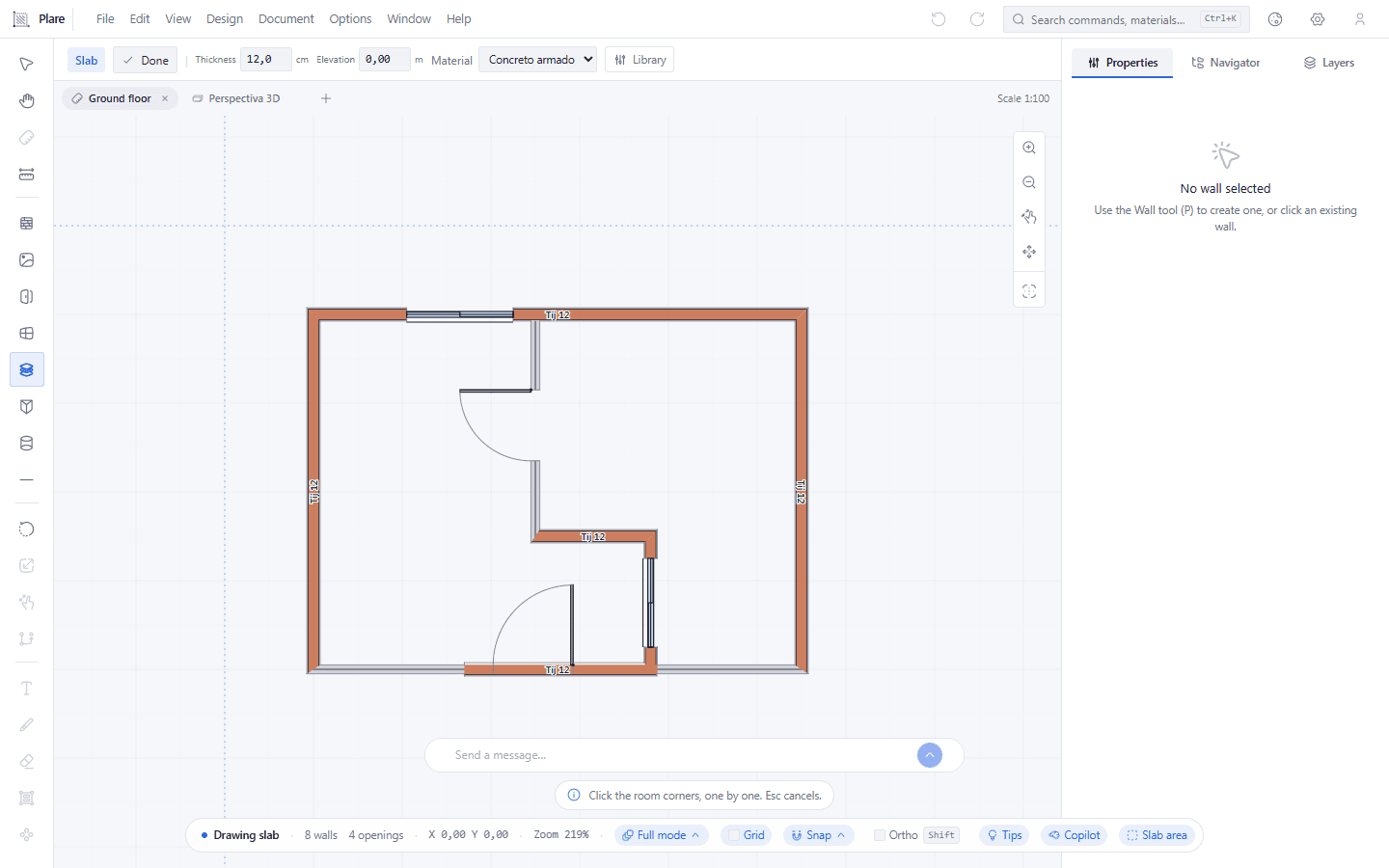 The bar under the menu starts showing the thickness, the elevation and the material — the three values the slab is born with, later edited in the Inspector. The plan is open, with no slab yet.