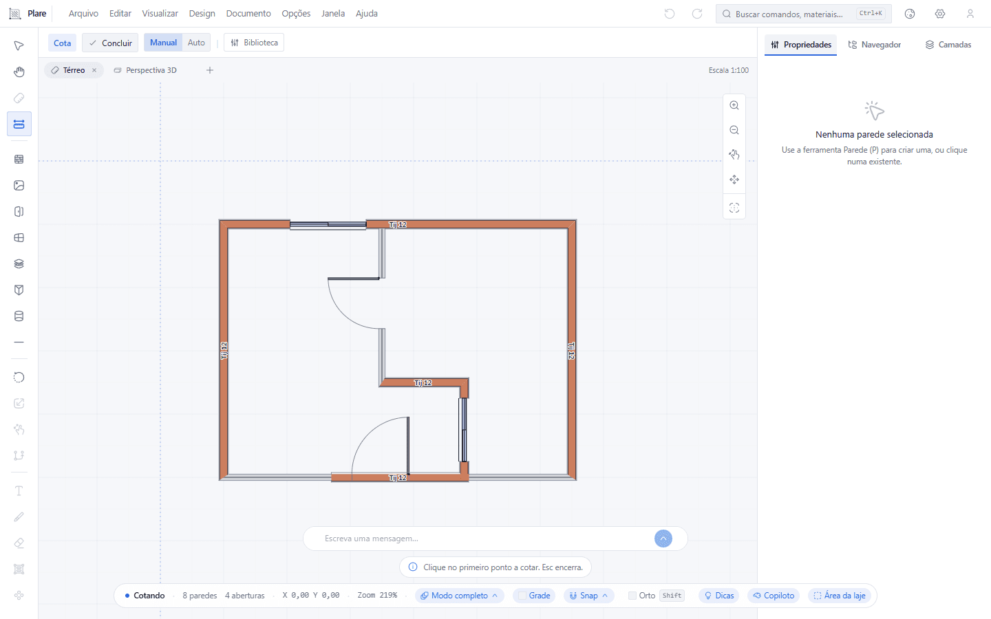A barra por baixo do menu passa a mostrar o grupo Modo, com Manual e Auto. É ali que se decide se as cotas se colocam uma a uma ou se entra na geração automática — o projeto de exemplo está aberto, ainda sem uma cota.