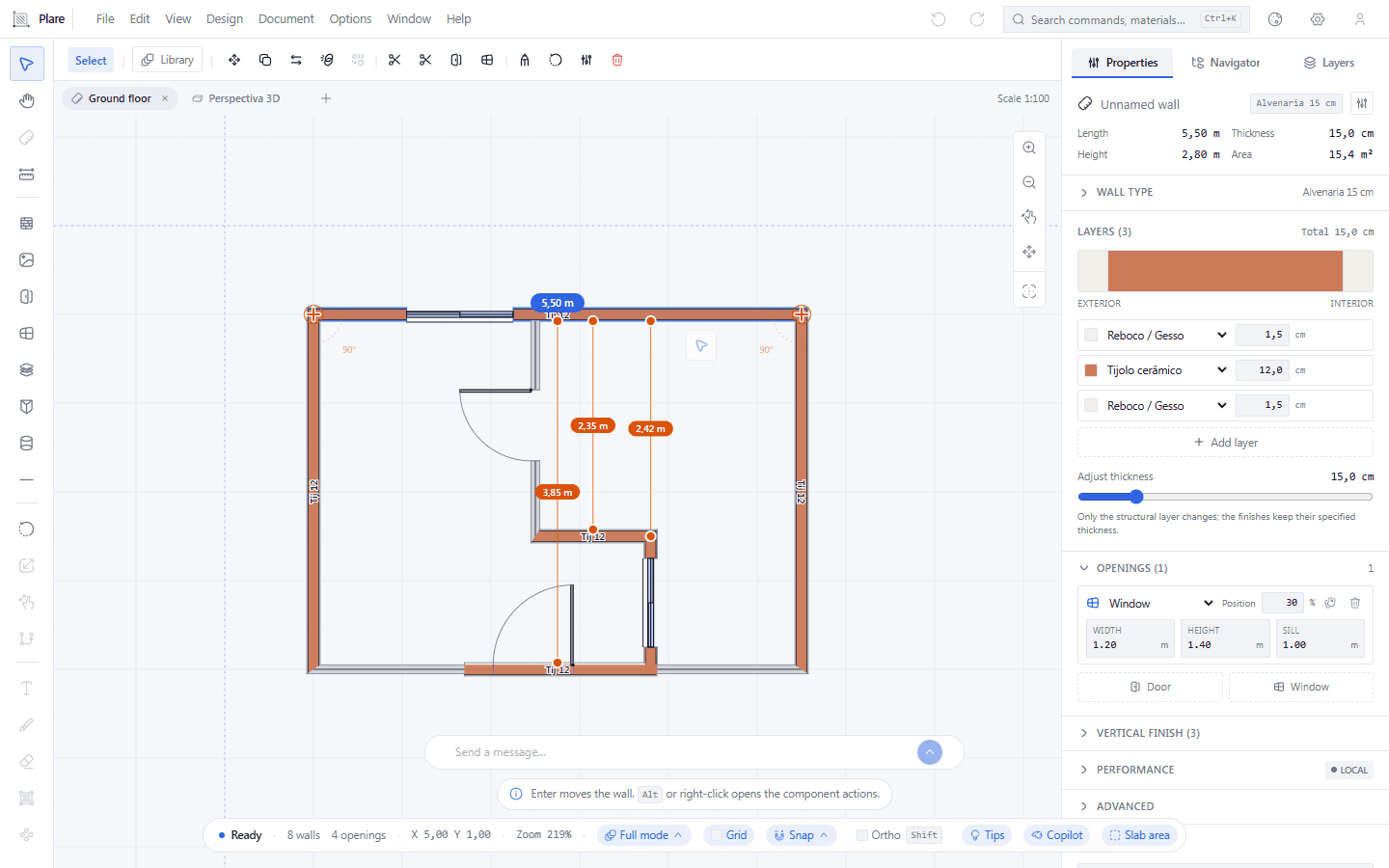 The top wall is highlighted in blue, grips appear on its two ends, the bar under the menu starts offering the selection's actions, and Properties fills up: length, height, area, layers and openings. This is where the panel stops being decorative.