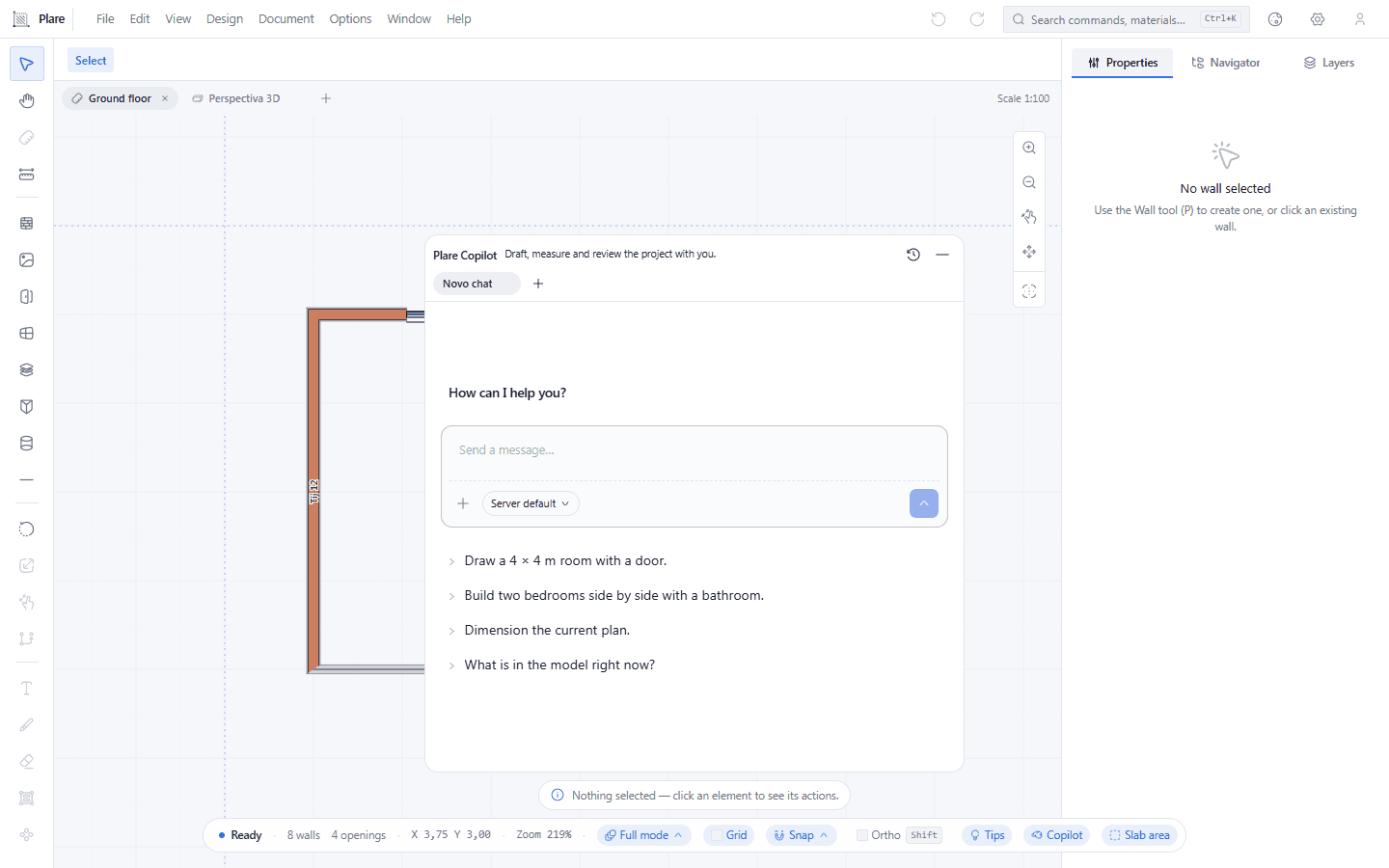 The dock expanded: the greeting line, the chip that names the model — the server default —, the message field and the four fixed suggestions. Nothing was typed or sent in any of these captures; the suggestions are buttons that send, so they stay unclicked.