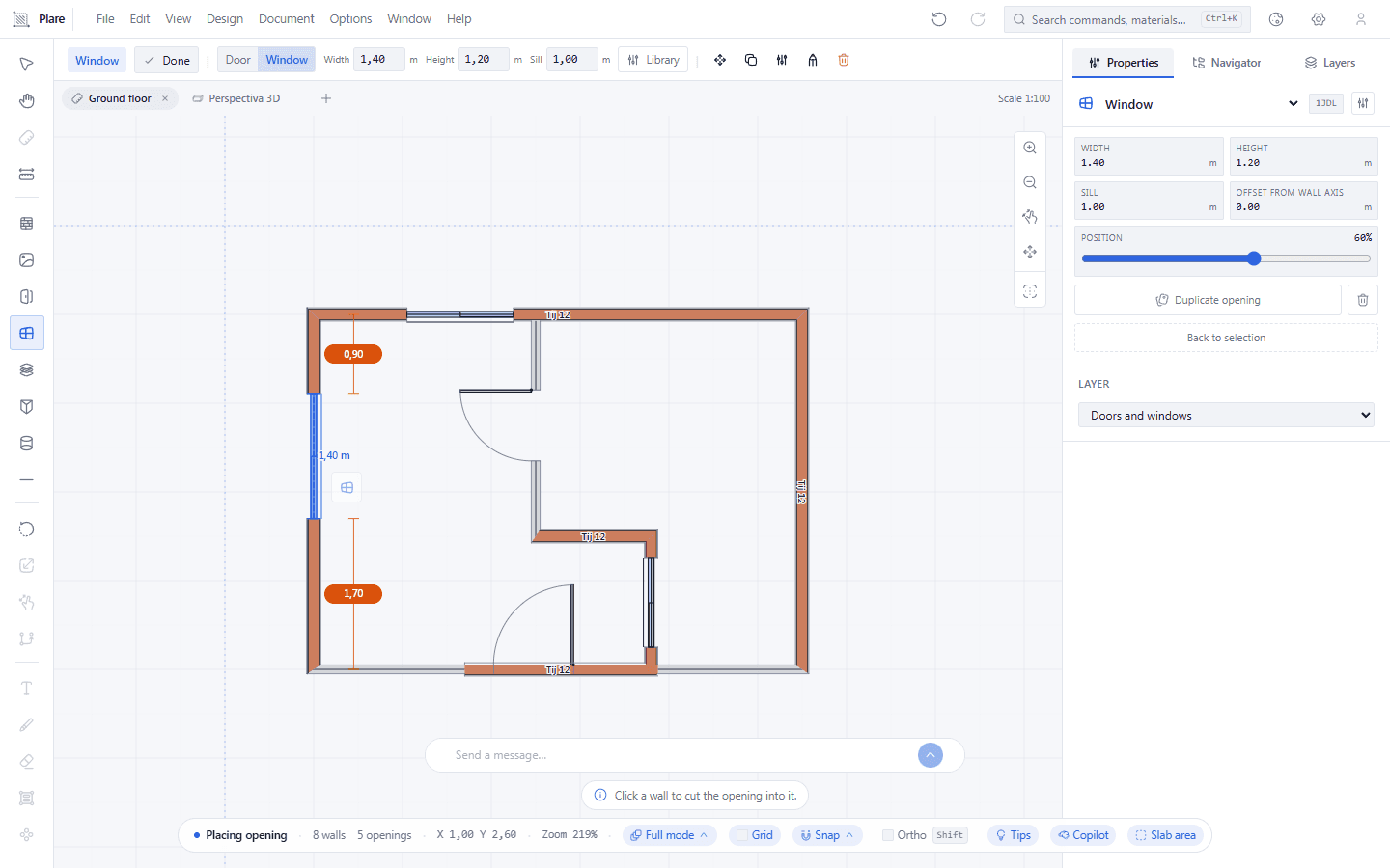 The click cuts the 1.40 m × 1.20 m window and the wall opens the span. It is exactly the door's gesture; what tells the two tools apart is what the span carries, not the hand that draws it.