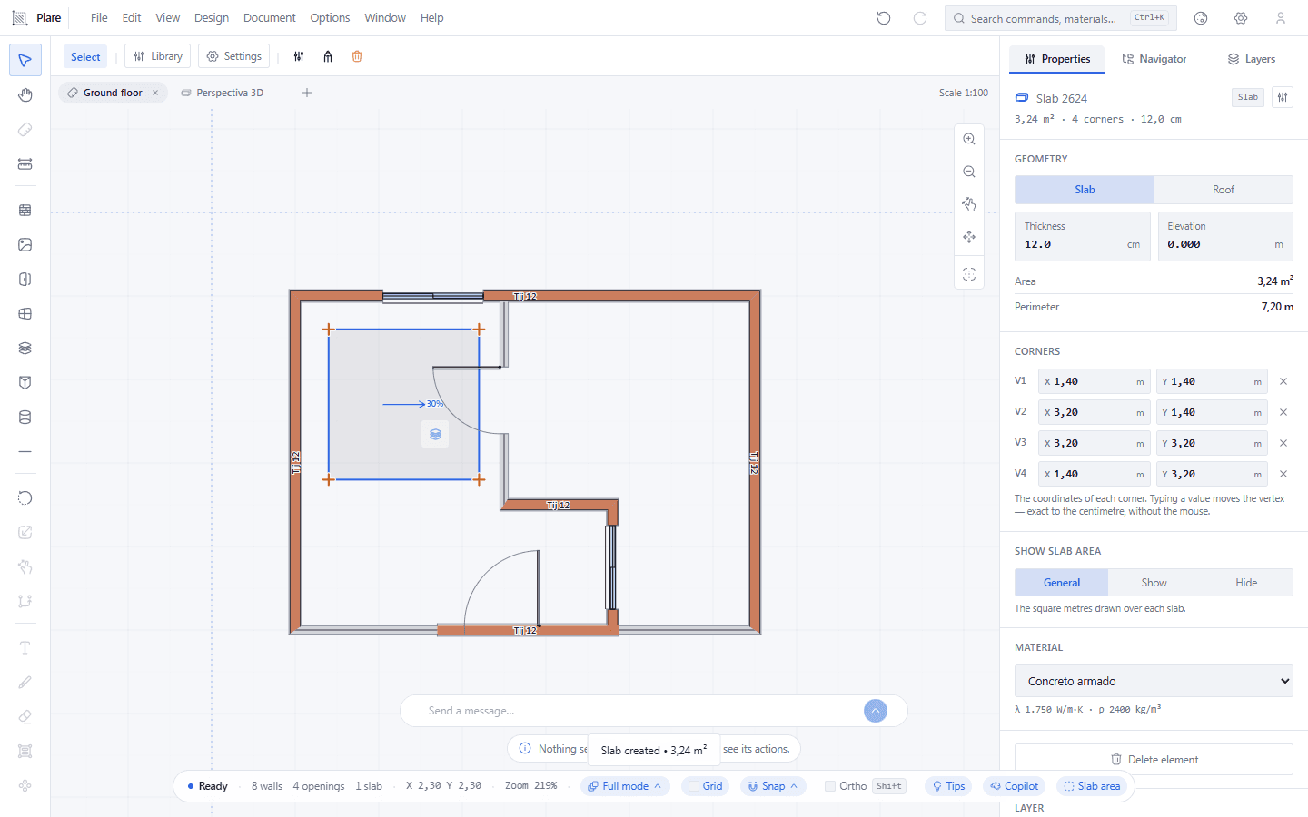 Once the outline closes, the slab comes out hatched, with its area written on top, and the tool falls back to Select. It was the closing that made it appear — the same polygon left one corner short stays invisible.