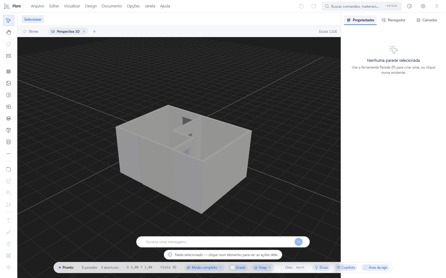 A mesma casa levantada em volume, com a aba “Perspectiva 3D” aberta ao lado da planta e o fundo escuro do 3D. A barra de estado diz “Vista 3D” — as abas são vistas, não ficheiros, e é por ela que se sabe onde se está a desenhar.