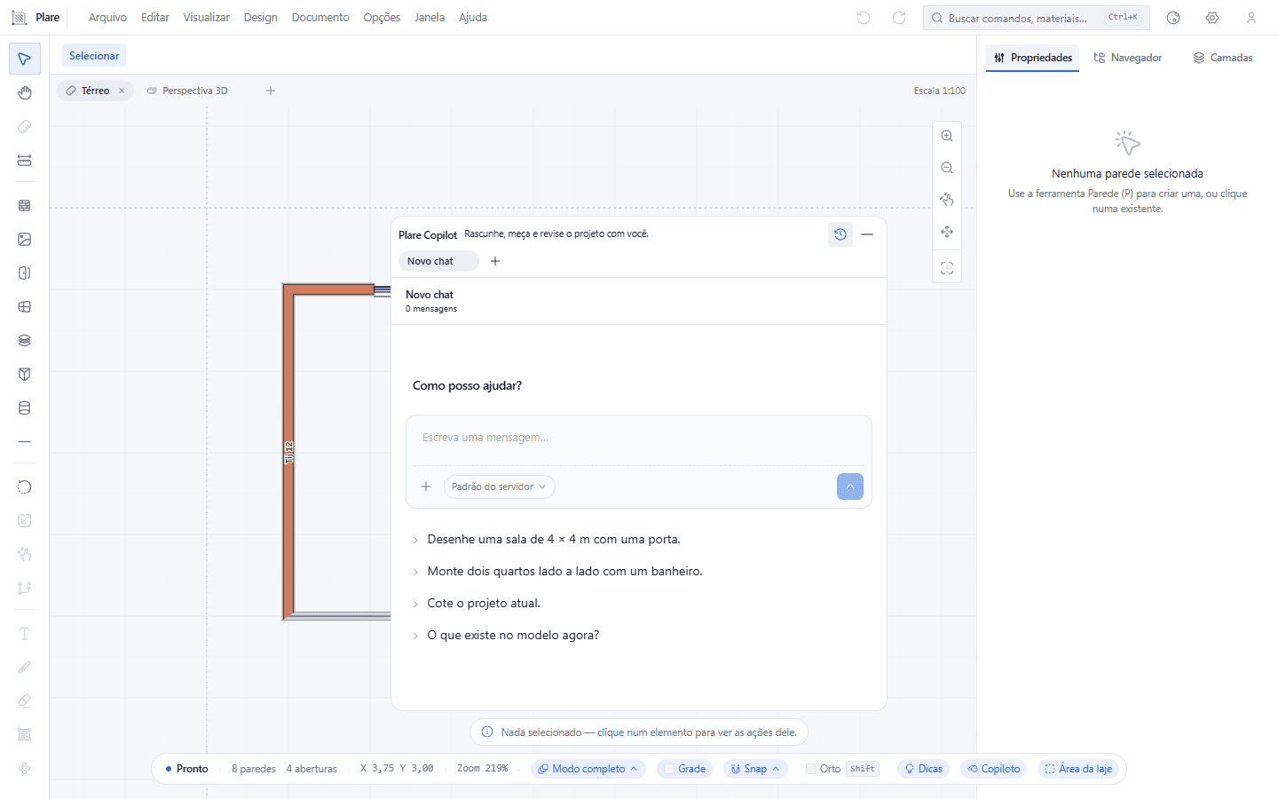 O painel do histórico aberto, com as conversas guardadas neste computador. Uma máquina nova mostra um só “Novo chat”, com zero mensagens: os chats não viajam com a conta, e é aqui que isso se vê.