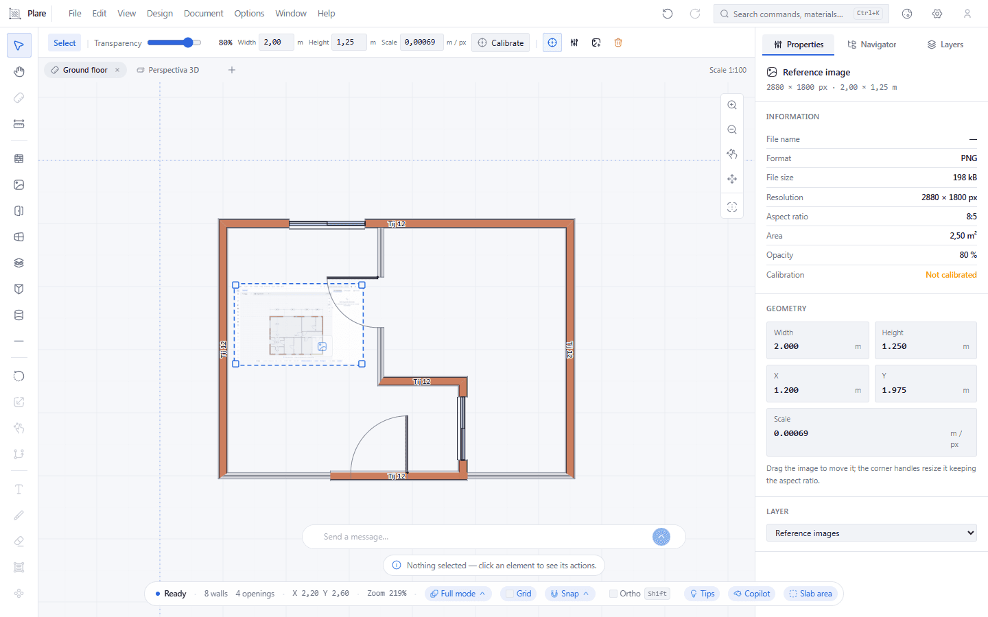 The image only responds to the pointer with Select active — with the tool armed, the same click would open another file on top. Chosen, the bar brings Transparency, Width, Height, Scale and the Calibrate button.