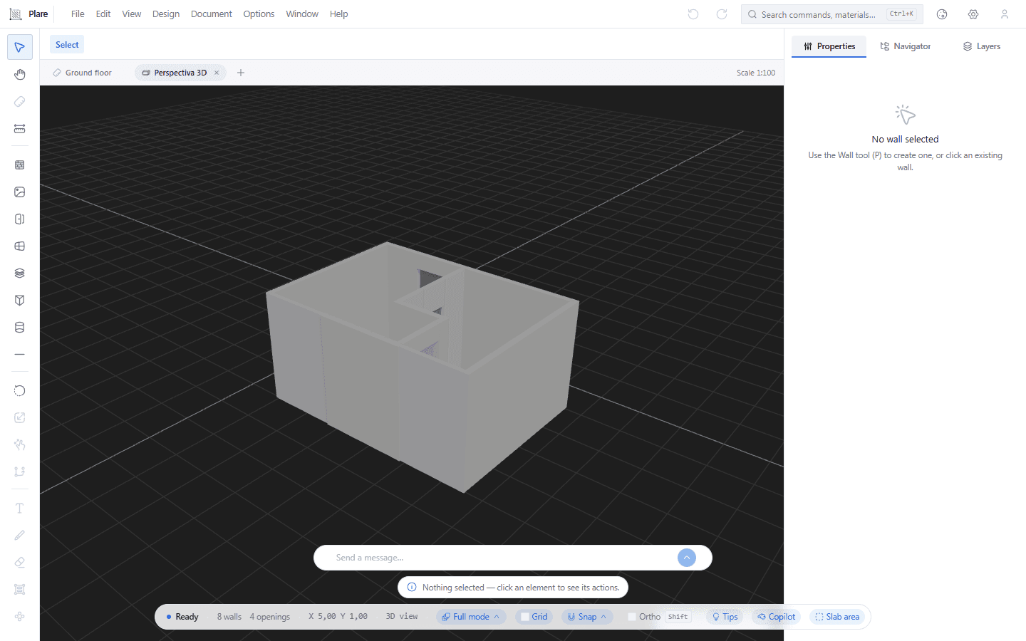 The same house raised into volume, with the 3D tab open beside the plan tab and the dark 3D background behind it. The status bar says which view you are in — the 3D one. The tabs are views, not files, and that is why they matter.