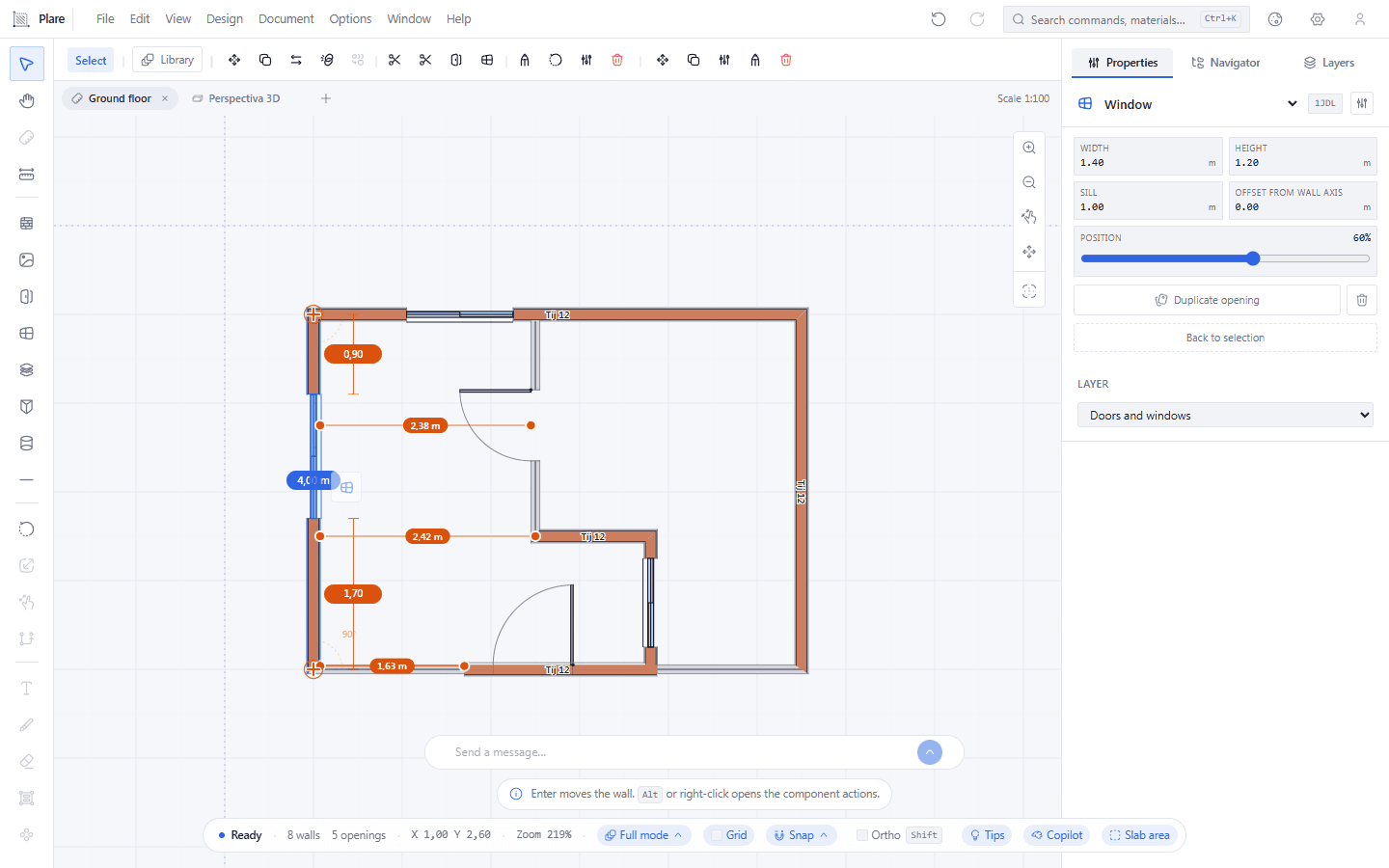 With Select active, the Properties inspector shows the chosen window: the wall hosting it and the measurements — width, height and sill. This is where the values are corrected once the span is already open.