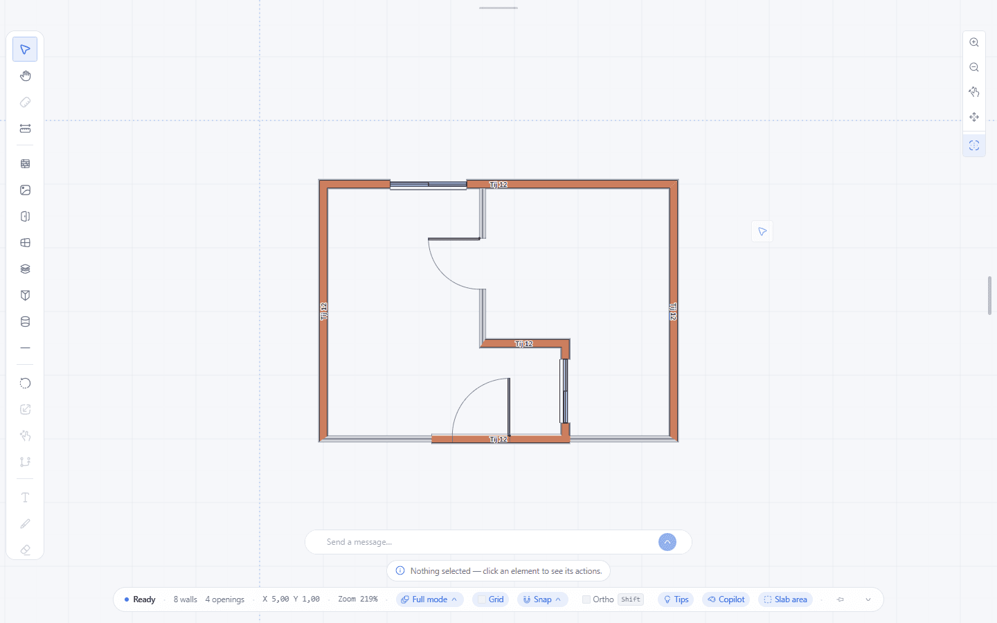 The menu at the top and the right panel drop away, and what is left is the tool rail, the canvas, the zoom strip and the status bar. It is the Ctrl+Shift+F the Screen tab of Preferences talks about, and the panels come back when you leave it.