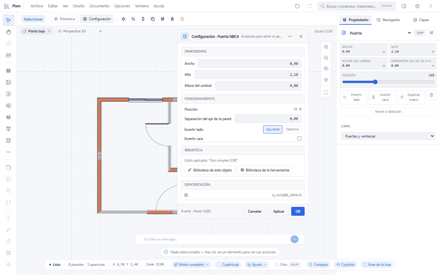 El botón Configuración vive en la barra de selección, y esa barra solo existe con Seleccionar activo: con la herramienta armada la barra muestra las medidas de la puerta nueva, no los botones del elemento elegido. La ventana que abre lleva el lado y la inversión.